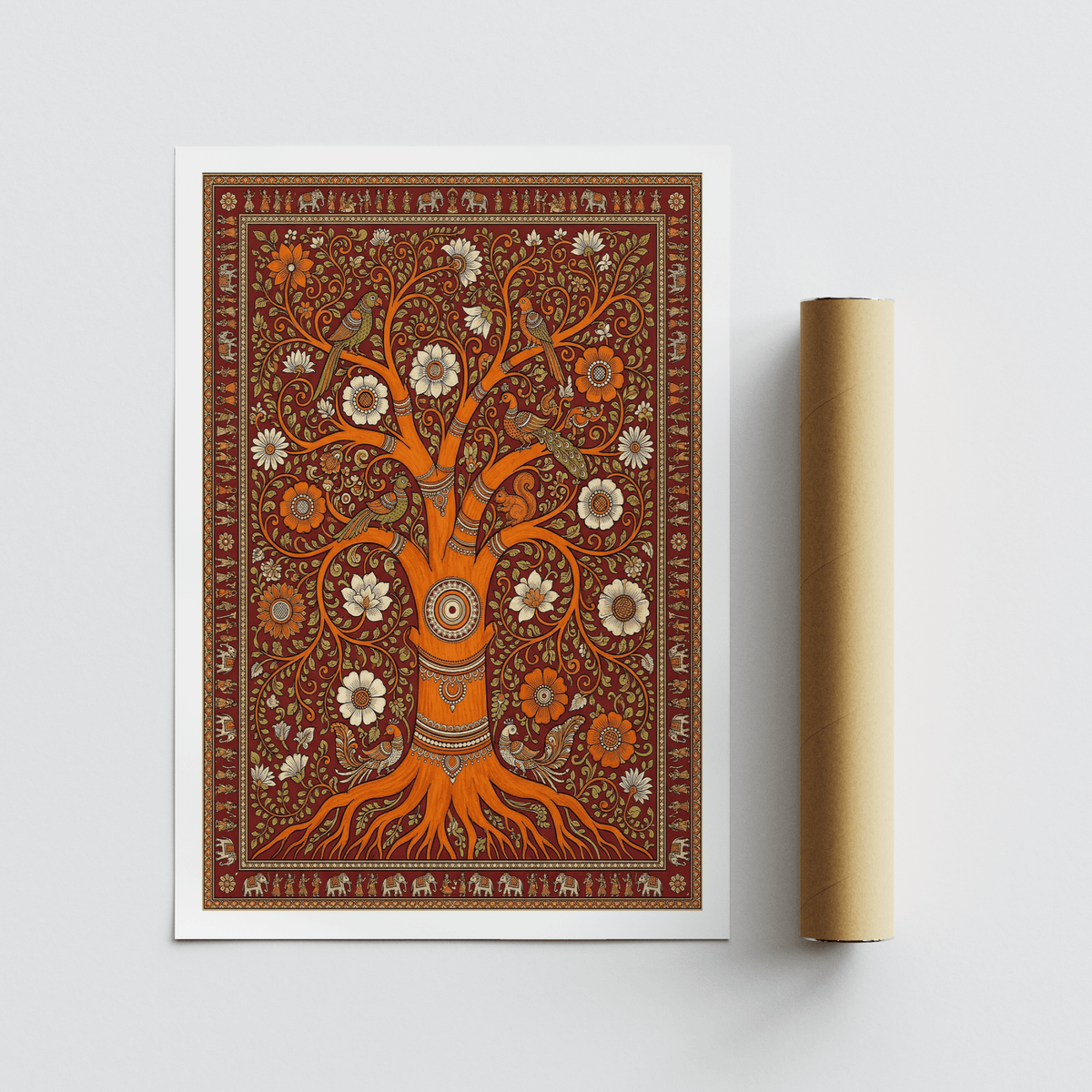 Centered decorative tree print with flowers, leaves, and perched birds