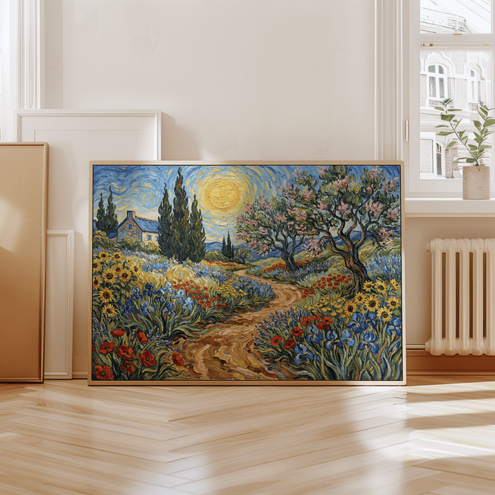 Floral Landscape Art Print leaning on floor with blooming meadow pathway in vivid colours near a window