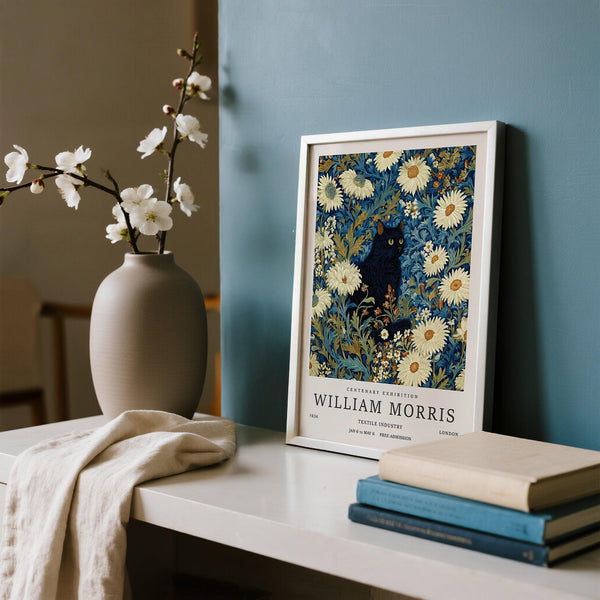 Illustrated botanical garden scene with mysterious black cat – Black Cat Art Print.