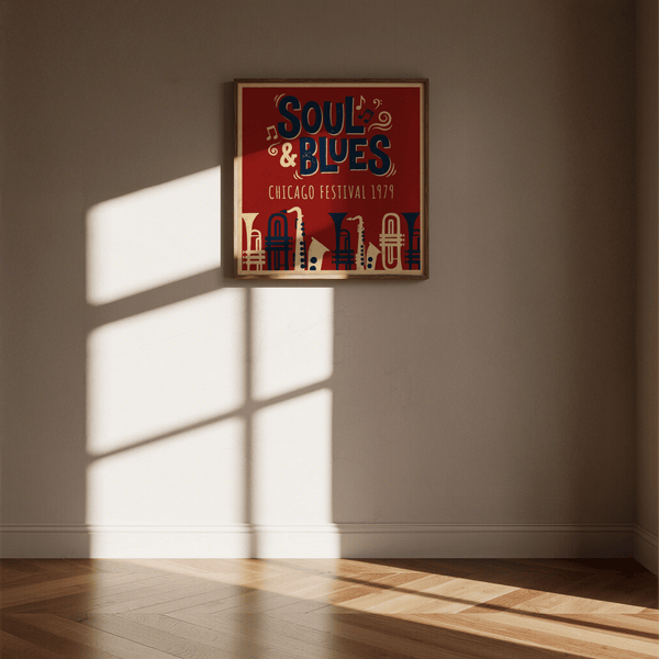 Soul Blues Festival Art poster with Red, Blue, Beige tones for music room