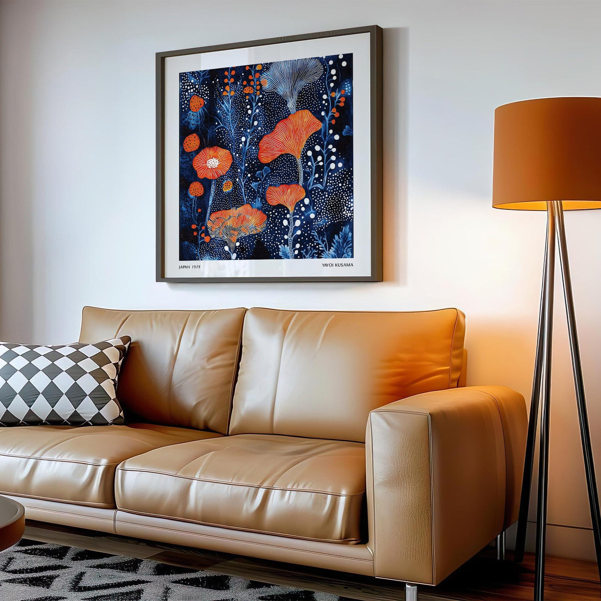 Abstract Flower Art print with white dot motifs and orange botanical elements
