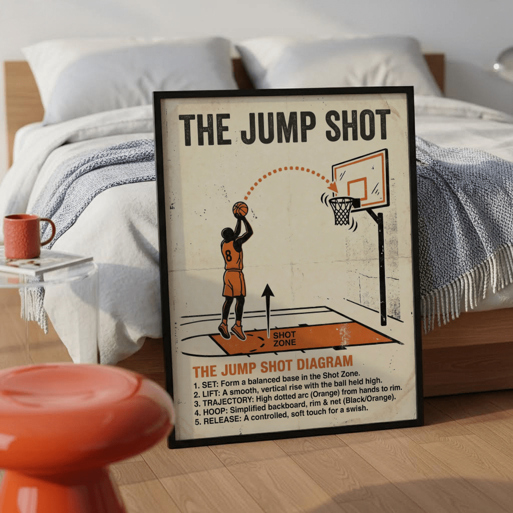 Studio mockup of Jump Shot Diagram Print poster emphasizing the central figure and directional arrows