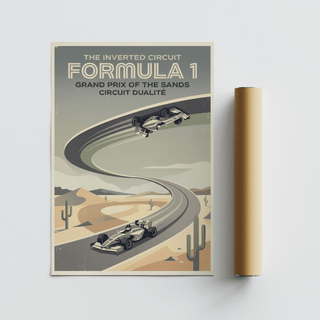 Vintage-style race poster print with layered shapes, curved track lines, and two cars spaced along the circuit