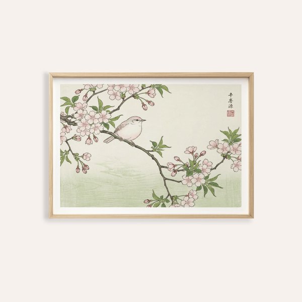Bird Cherry Blossom Art Print showing a perched bird on cherry branch