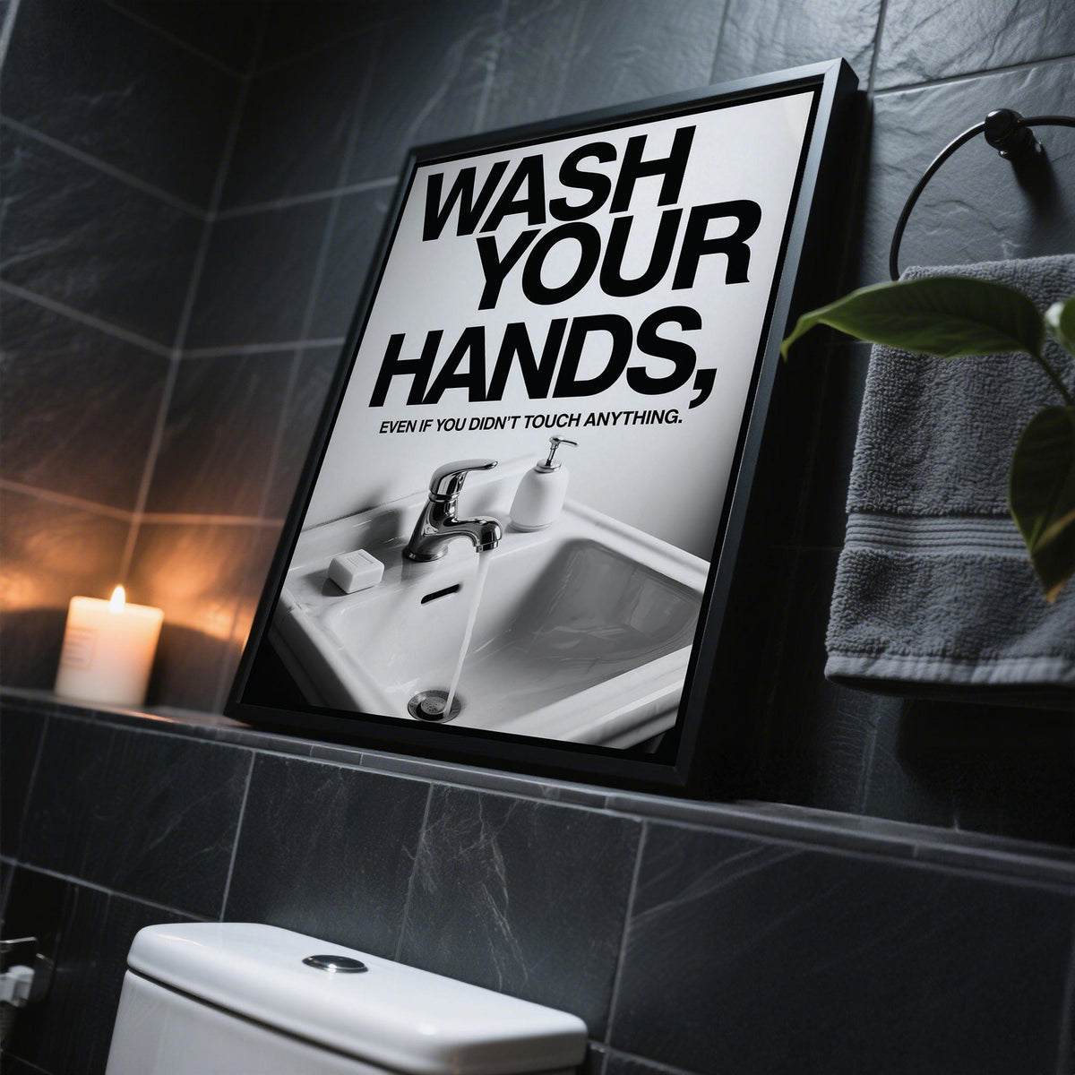 High-contrast Toilet Wall Art for restroom with humor.
