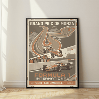 Showcasing vintage Monza circuit poster print with sweeping track layout, grandstands, and bold headline text
