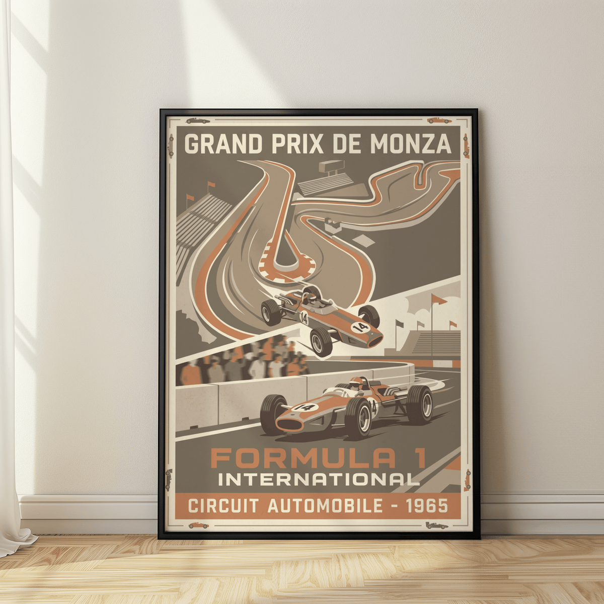 Showcasing vintage Monza circuit poster print with sweeping track layout, grandstands, and bold headline text