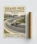 Formula 1 Racing Print featuring Grand Prix International Monaco text and a retro open-wheel car on the circuit