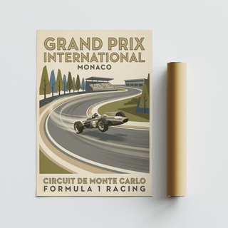 Formula 1 Racing Print featuring Grand Prix International Monaco text and a retro open-wheel car on the circuit