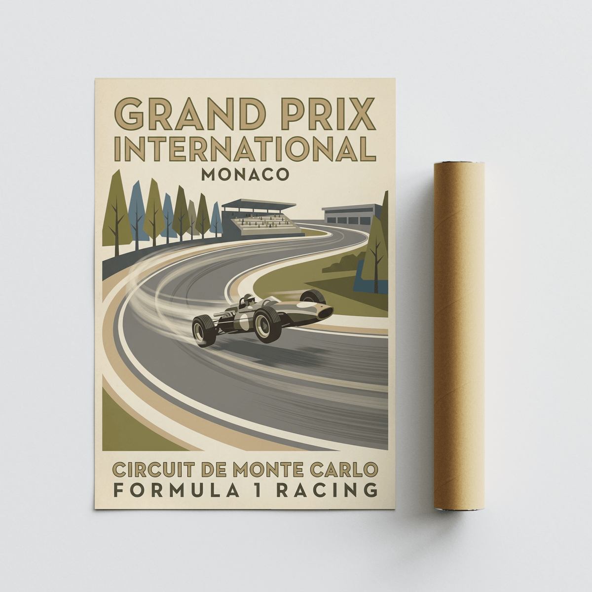 Formula 1 Racing Print featuring Grand Prix International Monaco text and a retro open-wheel car on the circuit