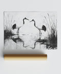 Elegant crane pair in a clean ink composition, minimalist bird print.