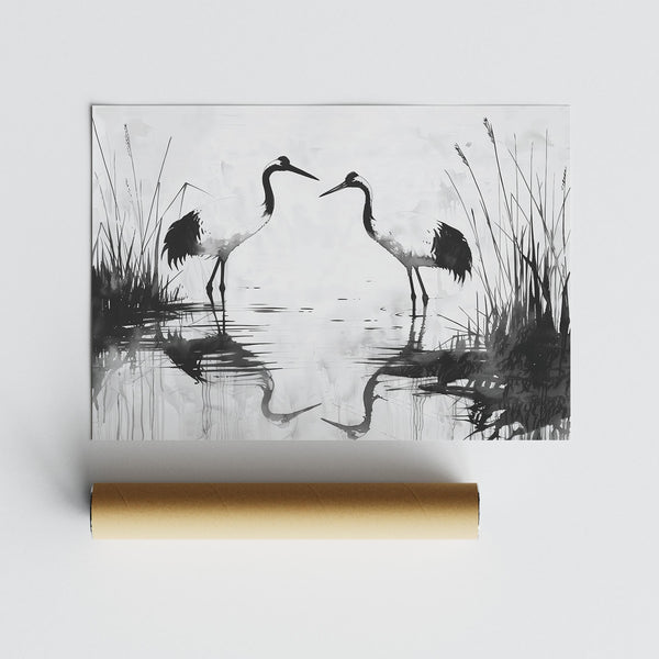 Elegant crane pair in a clean ink composition, minimalist bird print.