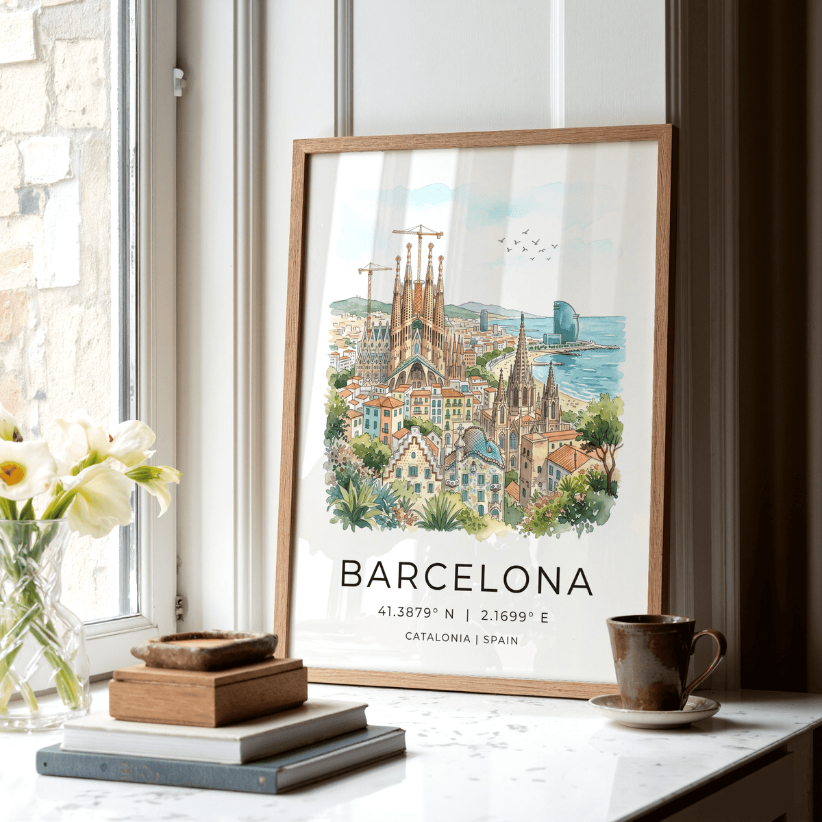 Poster-style cityscape print with Barcelona title, coordinates, and watercolor buildings