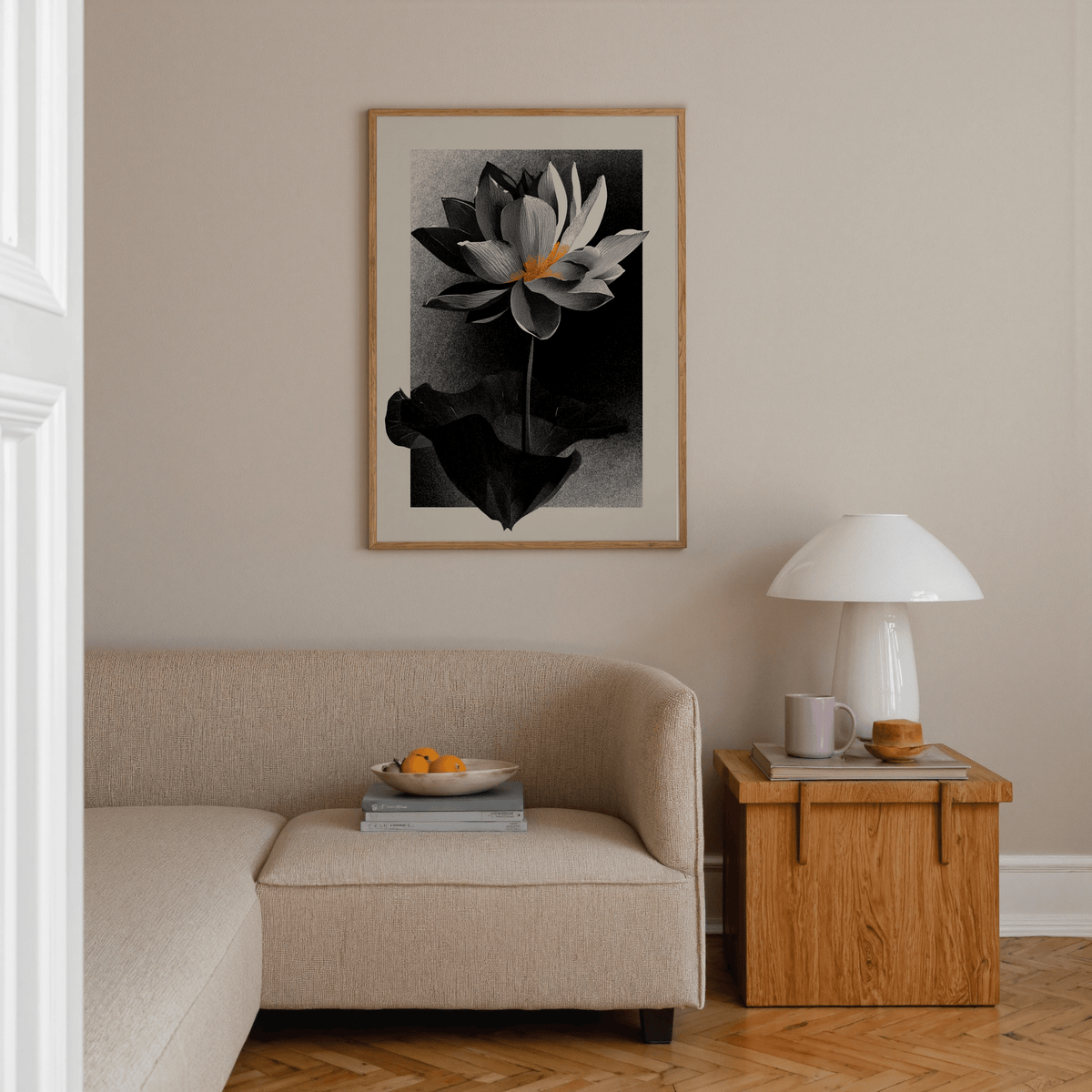 Graphic lotus bloom art piece with orange center on dark field