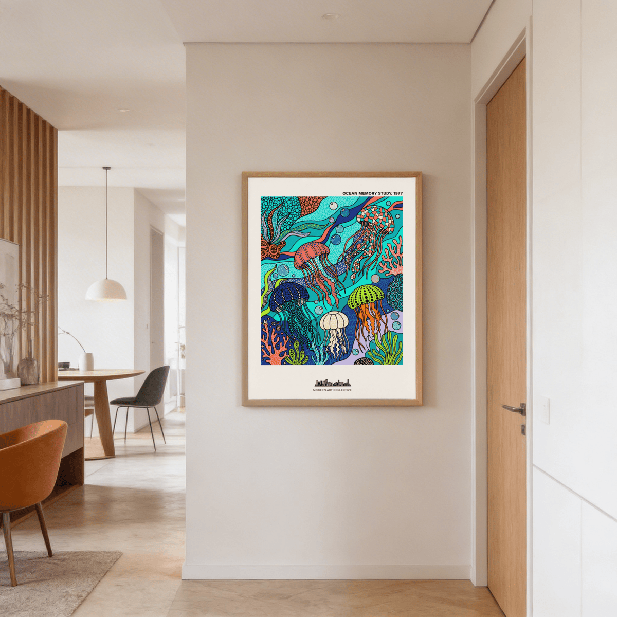 Patterned jellyfish poster with layered shapes and repeating dot details