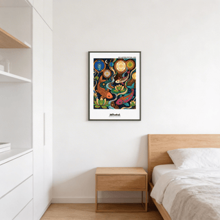 Decorative illustration print of koi and lotus flowers with curved currents and hanging paper lanterns