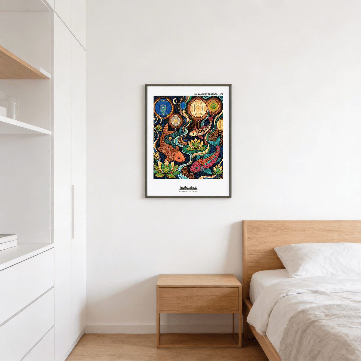 Decorative illustration print of koi and lotus flowers with curved currents and hanging paper lanterns
