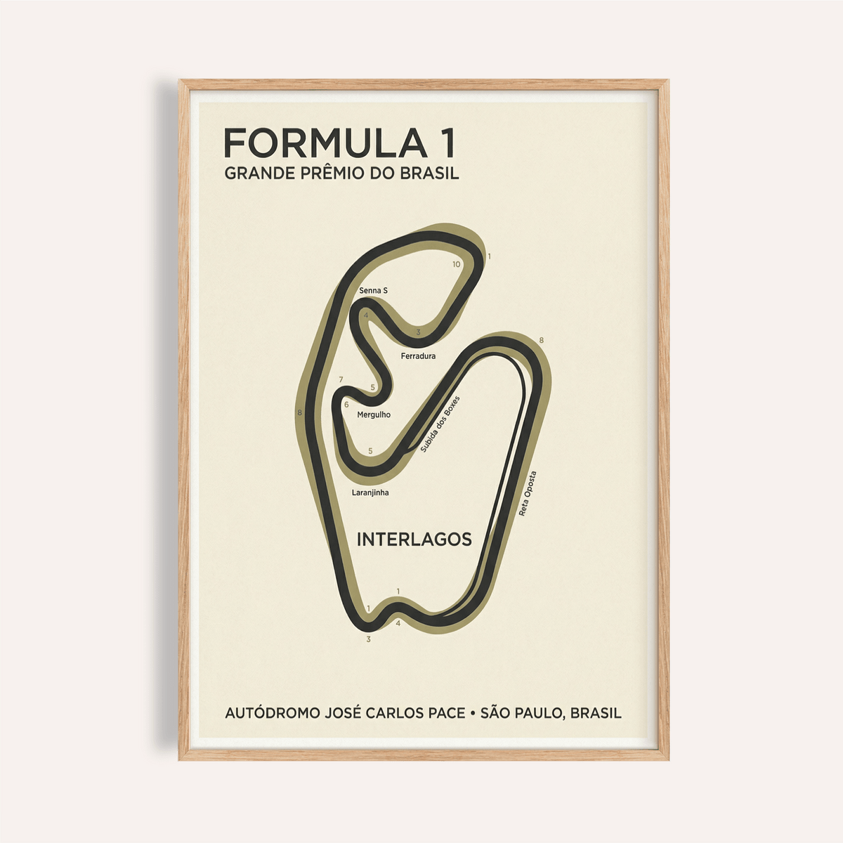 Featuring Interlagos Circuit Wall Art poster with minimalist track map and bold header text