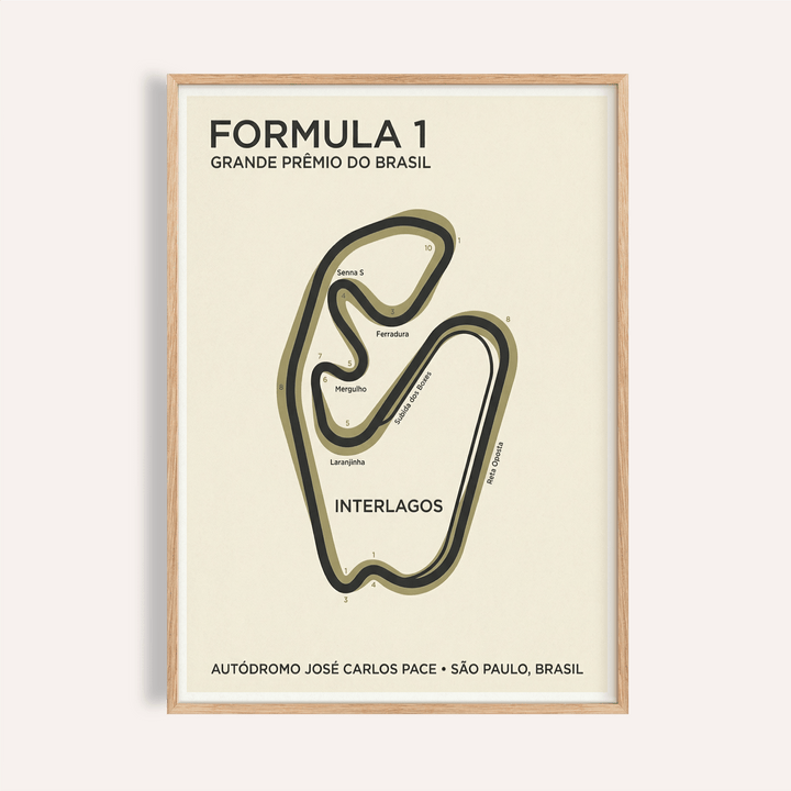 Featuring Interlagos Circuit Wall Art poster with minimalist track map and bold header text