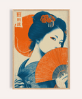 Retro Geisha Print in Orange and Beige for living room wall art