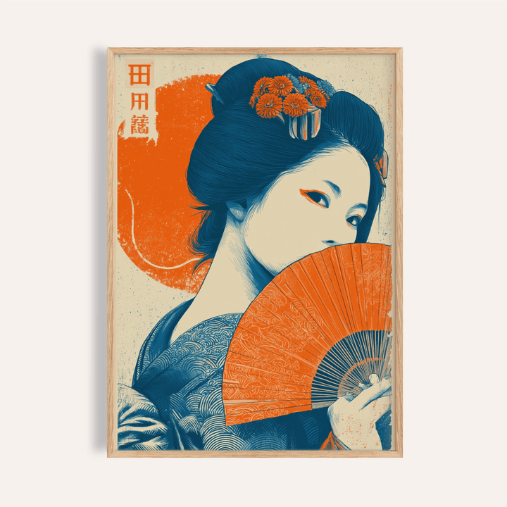 Retro Geisha Print in Orange and Beige for living room wall art