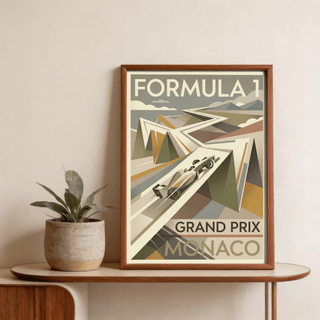 Monaco Race Poster featuring bold FORMULA 1 headline over layered peaks