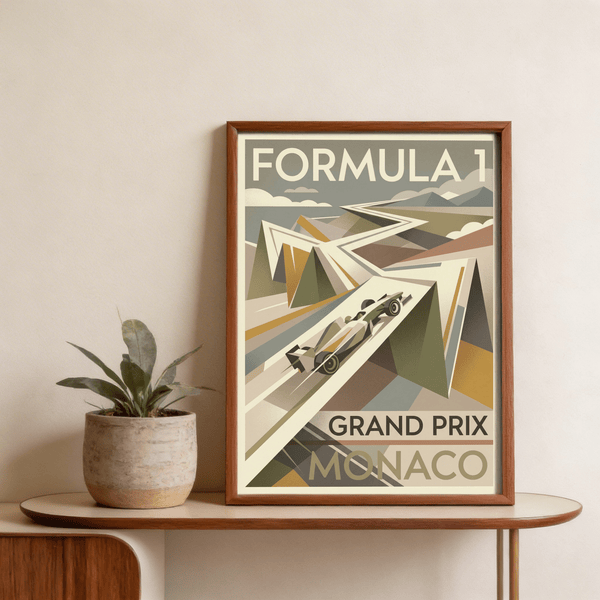 Monaco Race Poster featuring bold FORMULA 1 headline over layered peaks