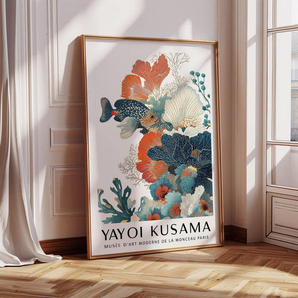 Artistic tropical fish poster in warm underwater tones and Kusama dots
