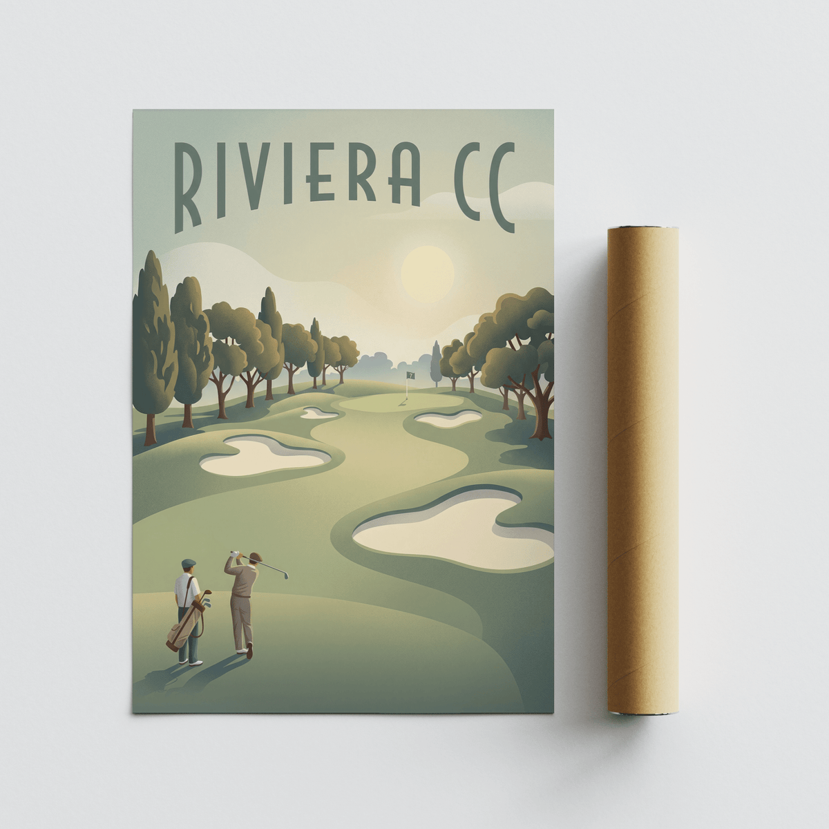 Silhouetted players stand near tee box on graphic fairway poster with low sun