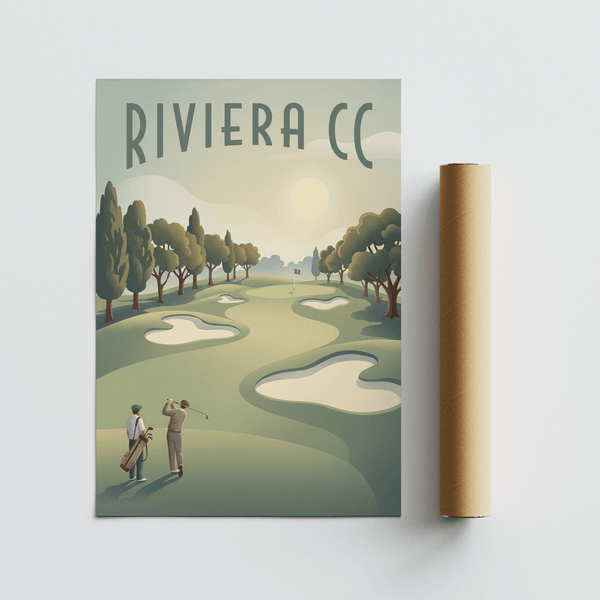 Silhouetted players stand near tee box on graphic fairway poster with low sun