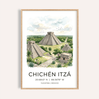 Illustrated Chichen Itza Art Print poster with stepped pyramid, palm trees, and clouds