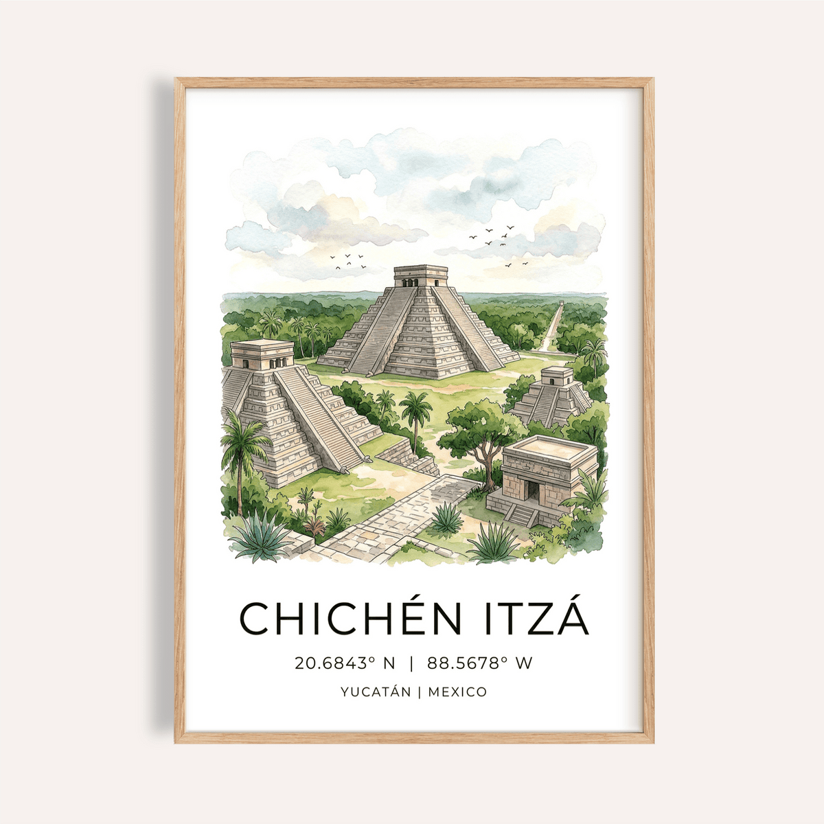 Illustrated Chichen Itza Art Print poster with stepped pyramid, palm trees, and clouds