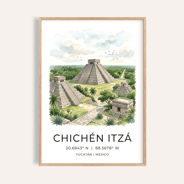 Illustrated Chichen Itza Art Print poster with stepped pyramid, palm trees, and clouds