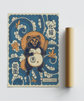 Vintage-style tanuki poster print with strong outlines, wave curls, and decorative border