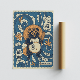 Vintage-style tanuki poster print with strong outlines, wave curls, and decorative border