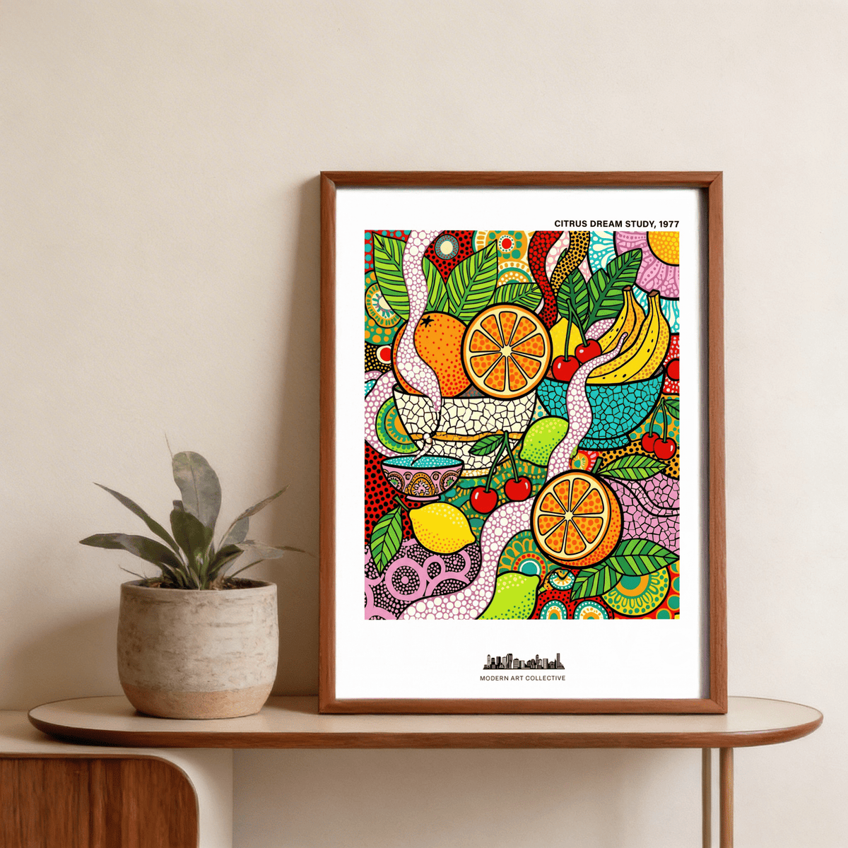 Colorful Fruit Art Print with retro dotted textures and overlapping shapes