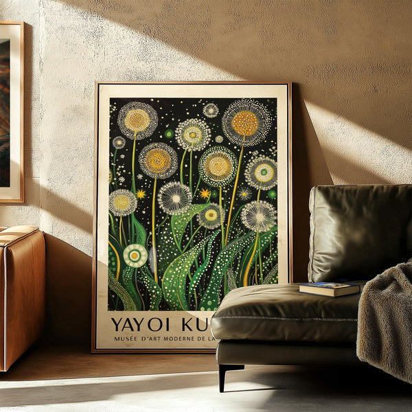 Botanical wall art design with dense greenery and stylized flowers.
