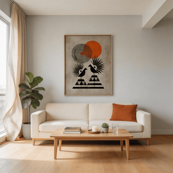 Full view of concentric ring motif and triangular pedestals under birds