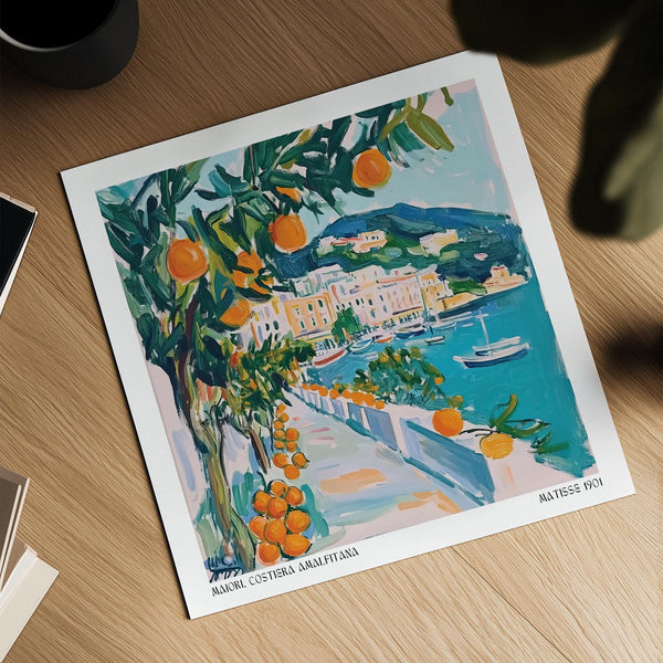 Orange tree foreground and turquoise water make this a standout in Art Prints of Italy.