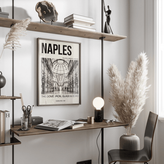Vintage-style travel poster of Galleria Umberto I interior with repeating arches and central perspective