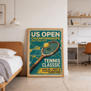 Us Open Tennis Print displaying championship text and Flushing Meadows Corona Park details