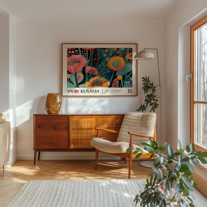 Floral wall art kaleidoscope flowers in yellow and pink above midcentury cabinet in a living room
