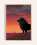 Majestic Lion Art Print side-profile silhouette against red and orange sunset