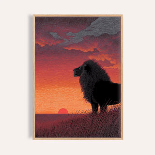 Majestic Lion Art Print side-profile silhouette against red and orange sunset