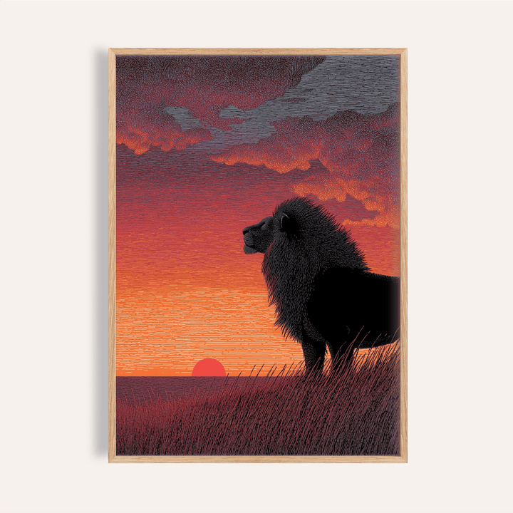 Majestic Lion Art Print side-profile silhouette against red and orange sunset