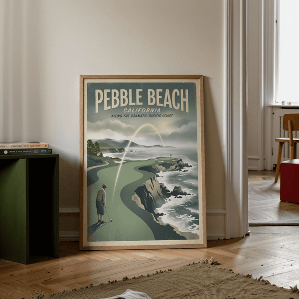 Pebble Beach Golf Print artwork featuring vintage block lettering and ocean surf