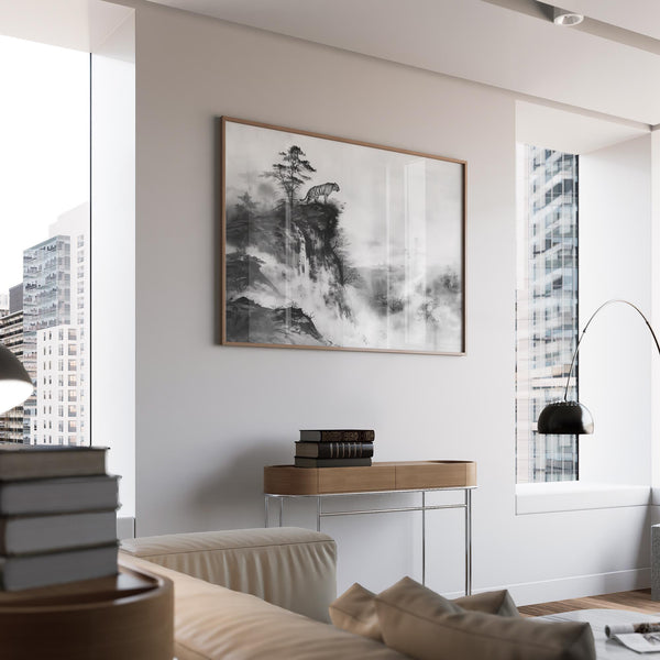 Black and white ink landscape showing tiger overlooking a canyon, Asian tiger art style.