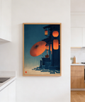 Japanese Night Scene Wall Art featuring lanterns, umbrella, and rain