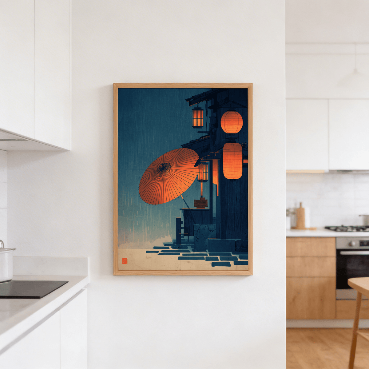 Japanese Night Scene Wall Art featuring lanterns, umbrella, and rain