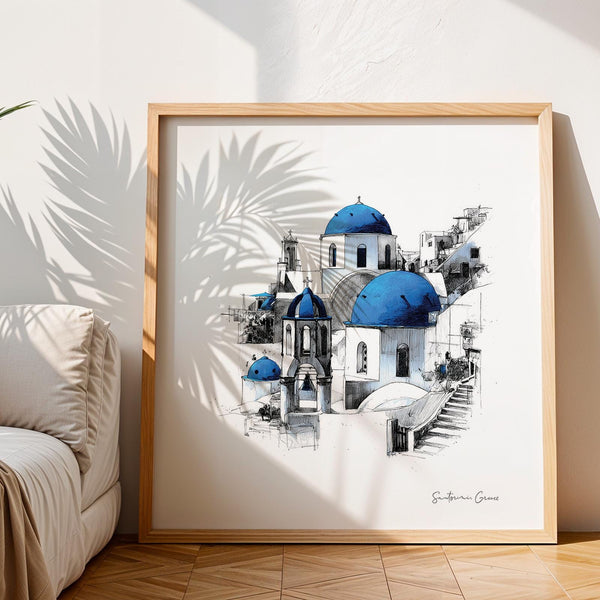 Square Greece travel print Santorini wall art with Mediterranean architecture